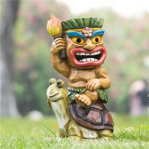 Solar Tiki Statue, Outdoor Statues Tiki - Tiki Statue- Riding a Turtle,10inch